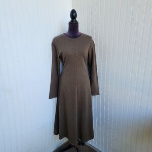 NWOT Uniqlo Womens Brown Green Fit Flare Dress Long Sleeve Heavy Weight Midi XS